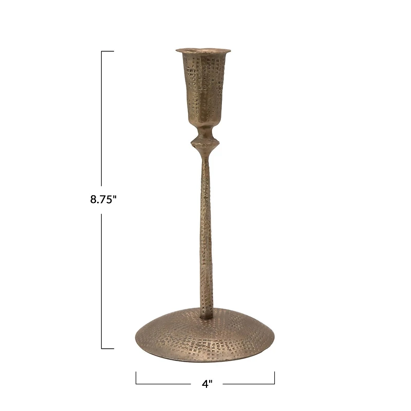 Hello Honey® 9" Antique Brass Hand-Forged Hammered Metal Taper Candle Holder
