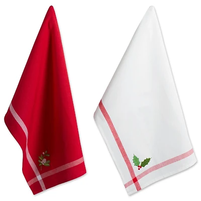 DII® Red & White Stripe Holly & Mistletoe Holiday Embroidered Dishtowel Set