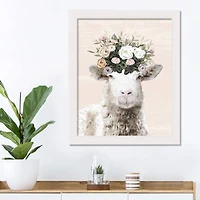 Creamy Floral Sheep White Framed Print Under Plexiglass