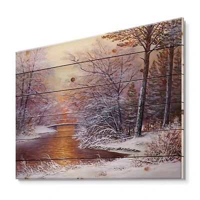 Designart Christmas Forest with River & Trees II Print on Natural Pine Wood