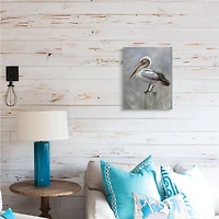 Stupell Industries Pelican Resting on Wooden Pillar Soft Grey Canvas Wall Art
