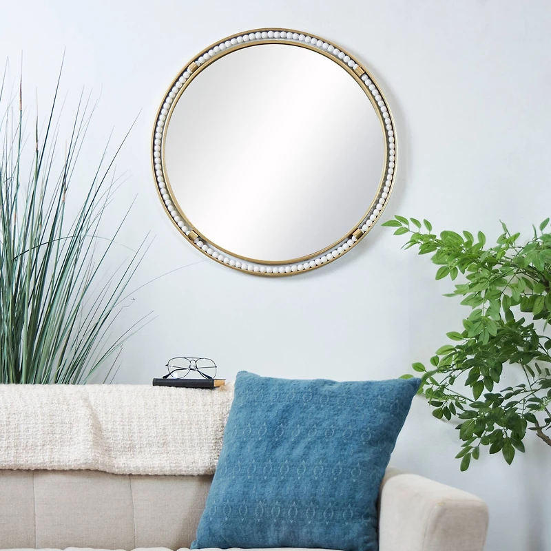 26" Gold Metal Wall Mirror with White Wood Beading