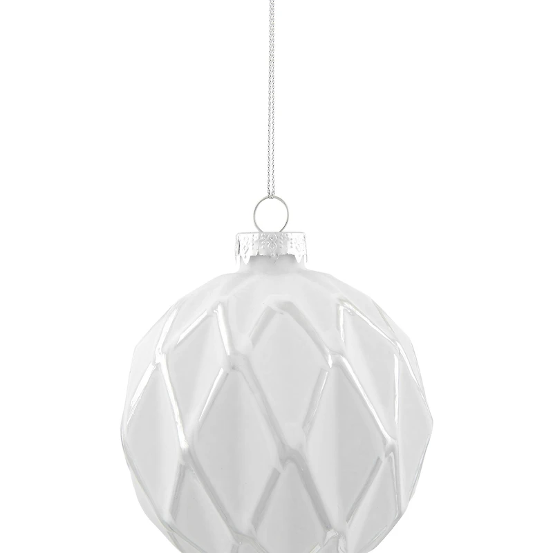 Embossed Diamond Christmas Glass Ball Ornaments - 4" (100mm) - White - 4ct