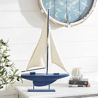 Coastal Dark Blue Wooden Sailboat Sculpture, 28" x 17" x 3"