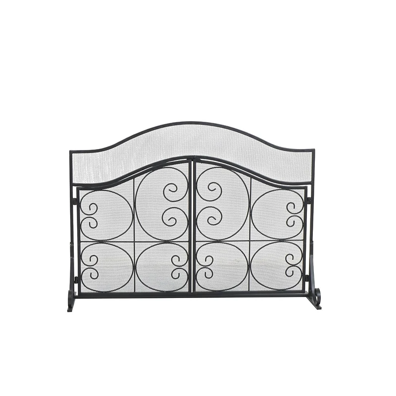 41" Black Metal Scroll Arched 1-Panel 2-Door Fireplace Screen with Mesh Backing