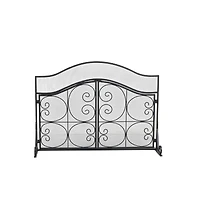 41" Black Metal Scroll Arched 1-Panel 2-Door Fireplace Screen with Mesh Backing