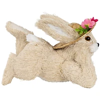 8.75" Beige Rabbit with Floral Straw Hat Easter Figurine
