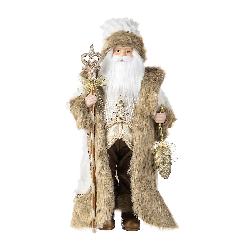 Glitzhome® 18"H Faux Fur Christmas Woodland Santa Figurine with Porcelain Face