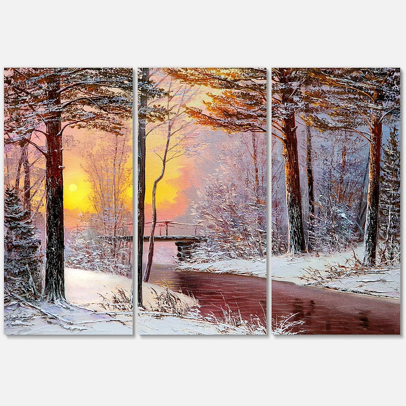 Designart - Christmas Forest With River and Trees IV - Traditional Canvas Wall Art Print