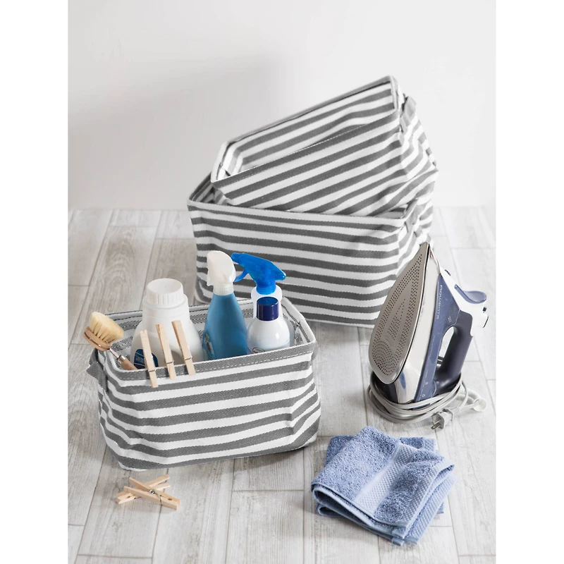 DII® Small Gray & White Herringbone Striped PE-Coated Cotton Laundry Bins, 2ct.