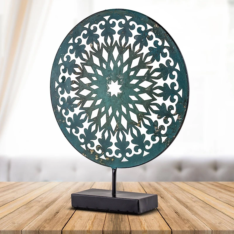 15" Turquoise Rustic Metal Medallion Sculpture