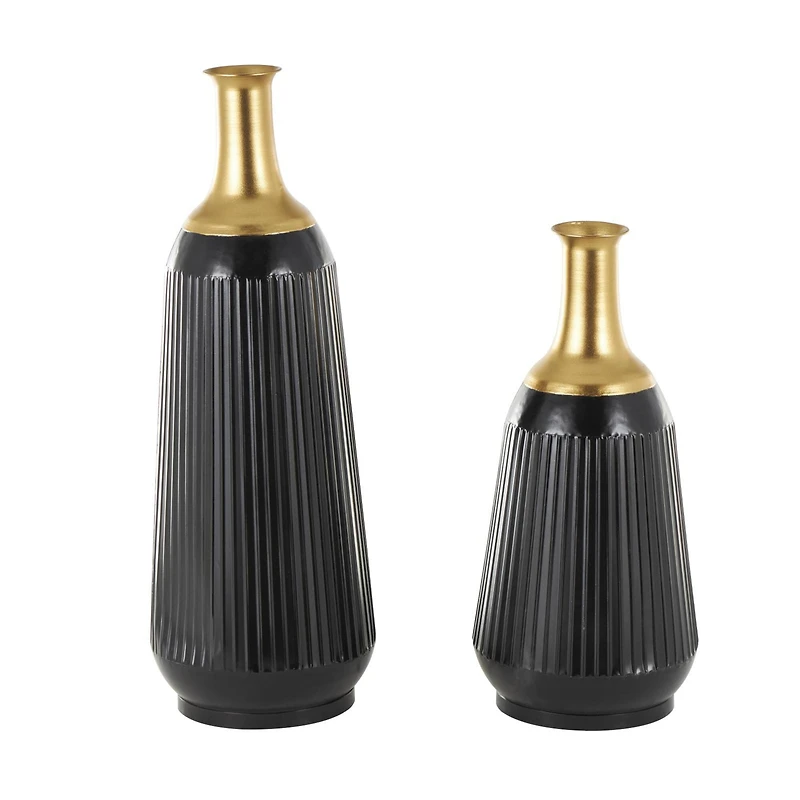 Black Metal Tall Ribbed Decorative Vase Set with Gold Tops