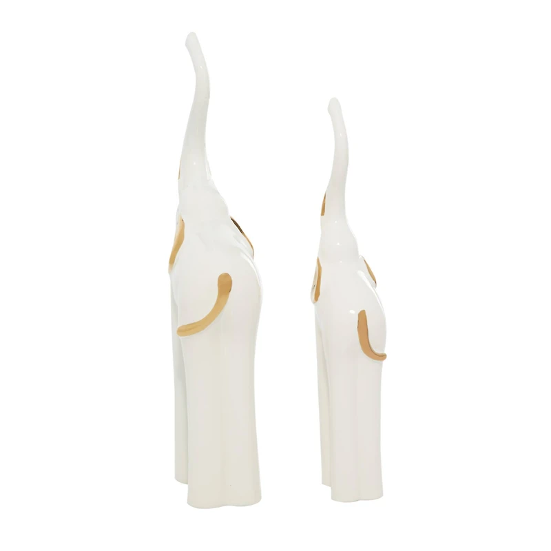Set of 2 Gold Porcelain Glam Elephant Sculpture, 14", 16"