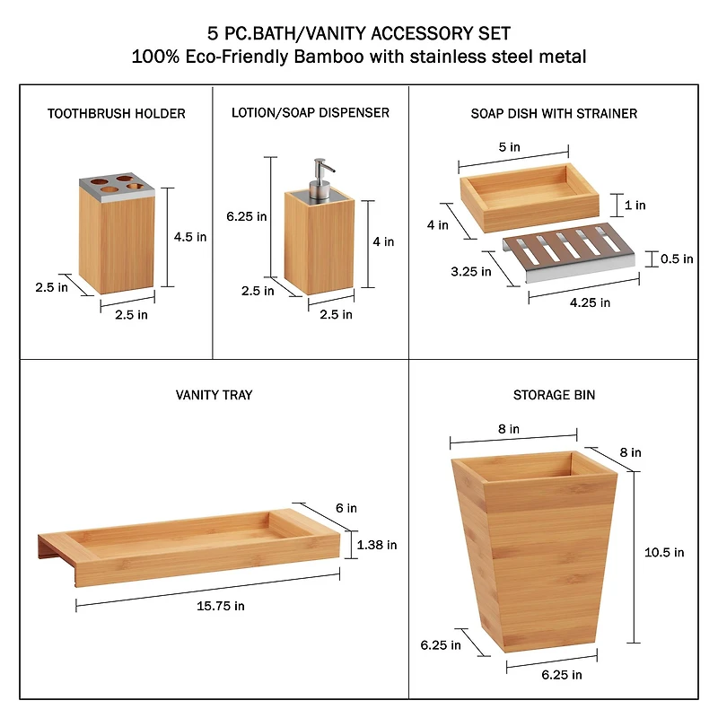 Hastings Home Bamboo Bathroom Accessories Set
