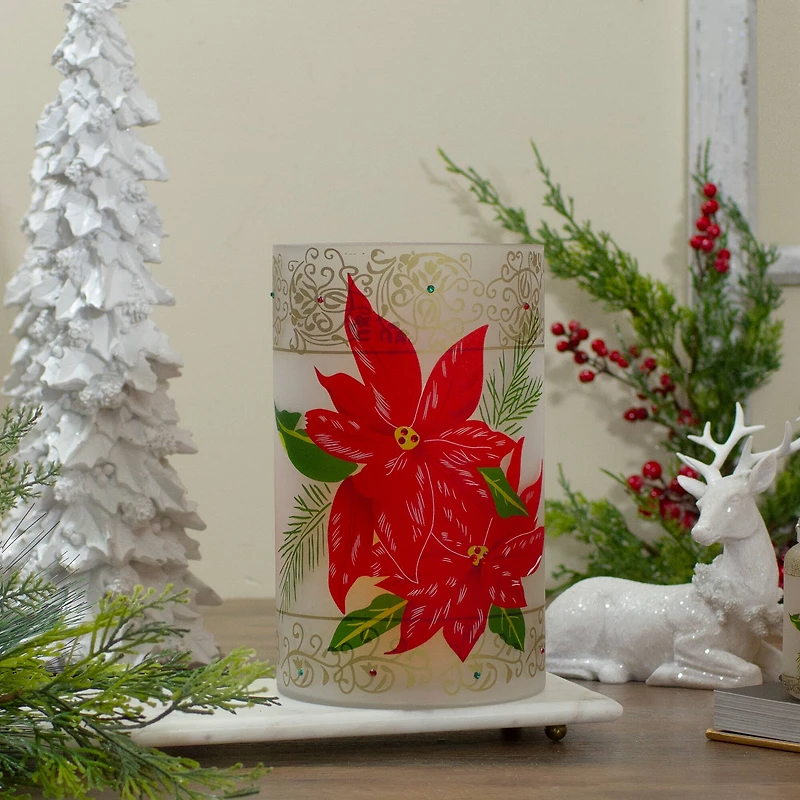 10" Poinsettias & Gold Flameless Glass Christmas Candle Holder
