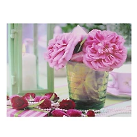 LED Flickering Candle & Pink Rose Flowers Canvas Wall Art