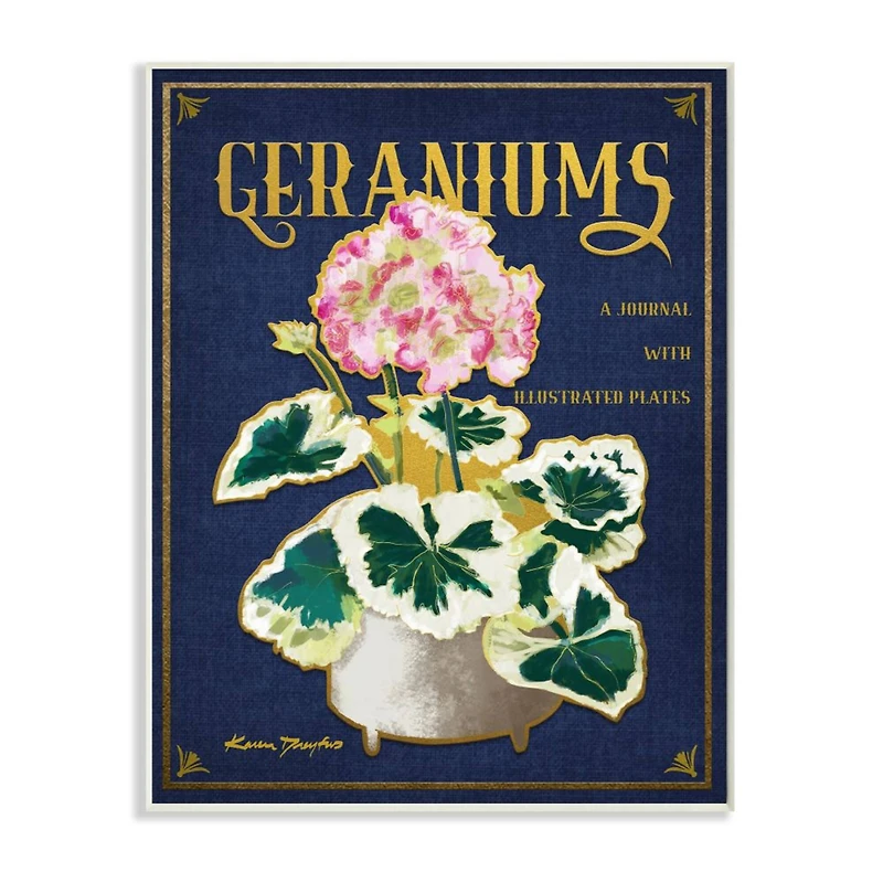 Stupell Industries Geraniums Blue Gold Flower Word Design Wall Plaque