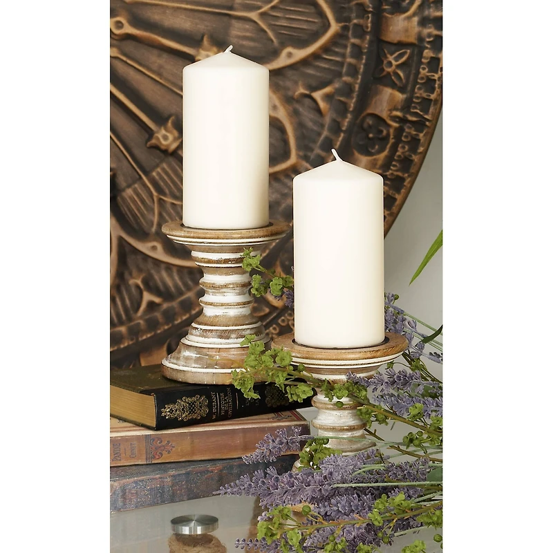 6'' Light Brown Mango Wood Traditional Candle Holder, 2ct.