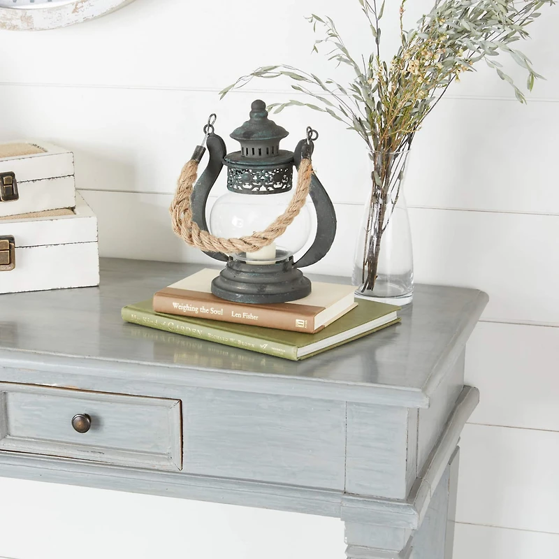 Black Iron Rustic Candle Holder Lantern, 9" x 8" x 5"