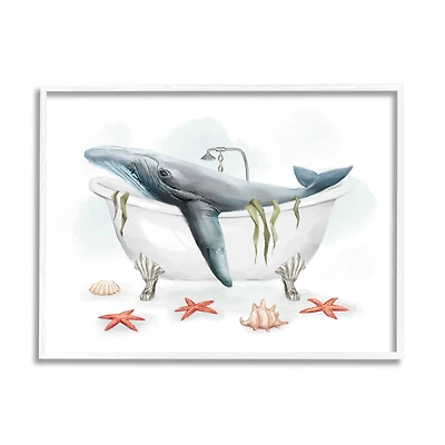 Stupell Industries Whale in Nautical Tub Seafoam Starfish Shells in White Frame Wall Art