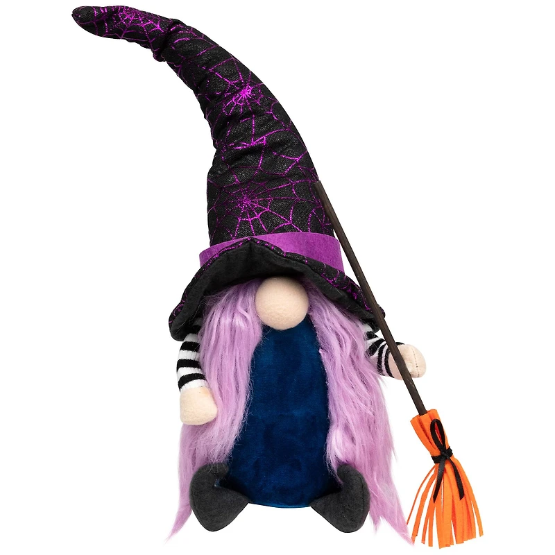 15" Black & Purple Halloween Gnome Witch with Broom
