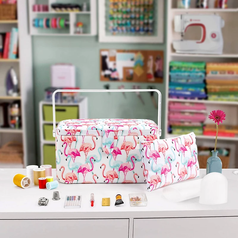 SINGER® Large Flamingo Print Sewing Basket with Matching Pouch Sew Kit