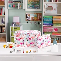 SINGER® Large Flamingo Print Sewing Basket with Matching Pouch Sew Kit