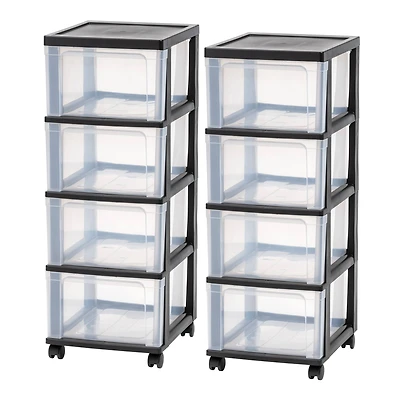 IRIS® 32.5" Black & Clear 4-Drawer Narrow Plastic Storage Carts, 2ct.