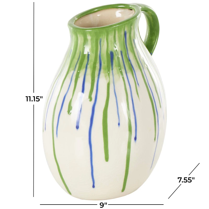 11" White, Green & Blue Drip Design Ceramic Vase with Handle