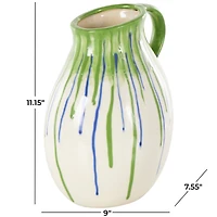 11" White, Green & Blue Drip Design Ceramic Vase with Handle
