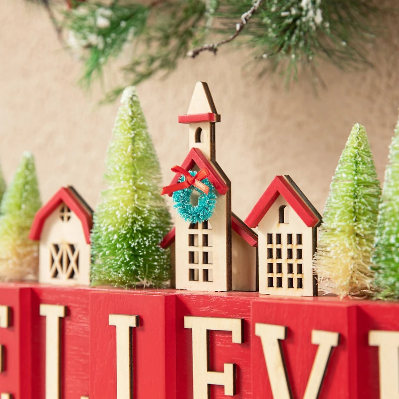 Glitzhome® 14" Christmas Believe House & Brush Trees Table Décor