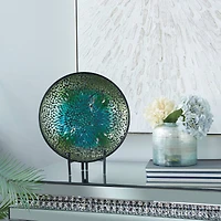 14" Green & Blue Glass Glam Decorative Plate with Stand