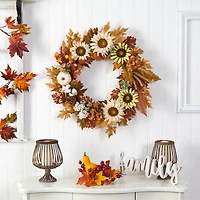 30" Sunflower, White Pumpkin & Berries Fall Wreath
