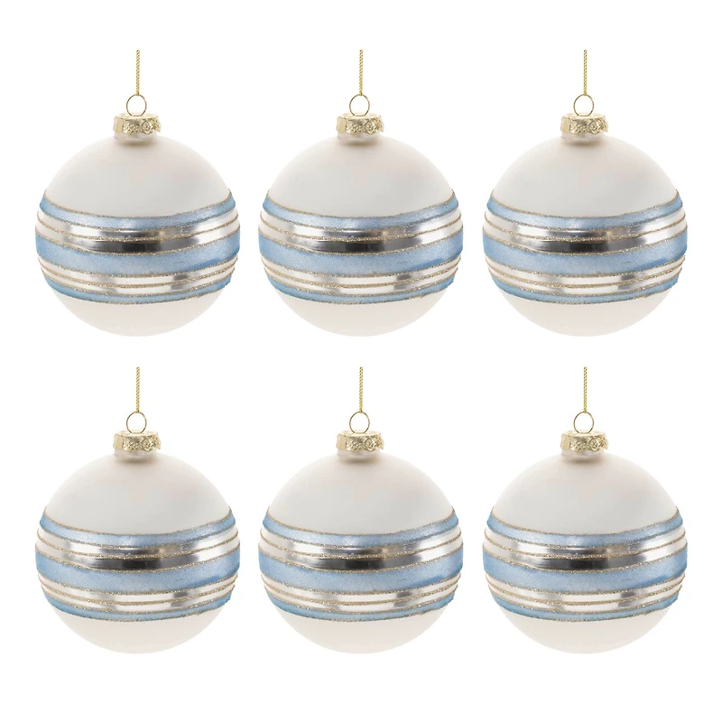 Blue and Silver Striped Glass Ball Ornament Set