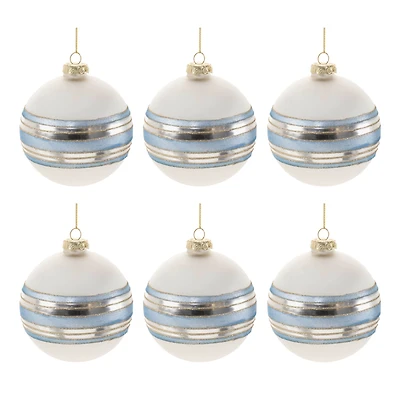 Blue and Silver Striped Glass Ball Ornament Set
