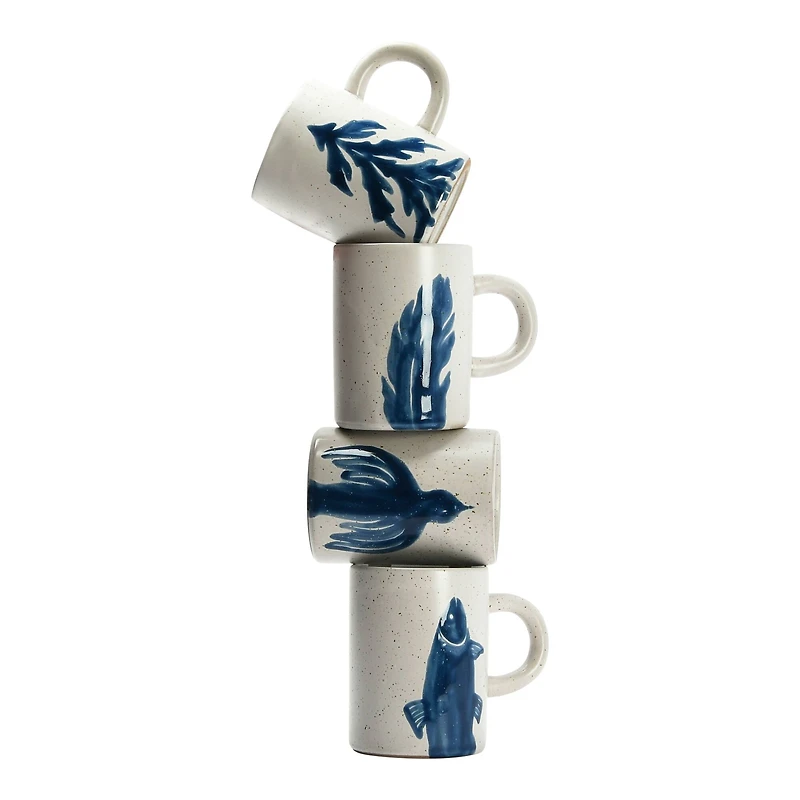 Hello Honey® 12oz. Antique White and Blue Farmhouse Hand Painted Stoneware Mugs Set with Painted Flora and Fauna