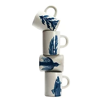 Hello Honey® 12oz. Antique White and Blue Farmhouse Hand Painted Stoneware Mugs Set with Painted Flora and Fauna