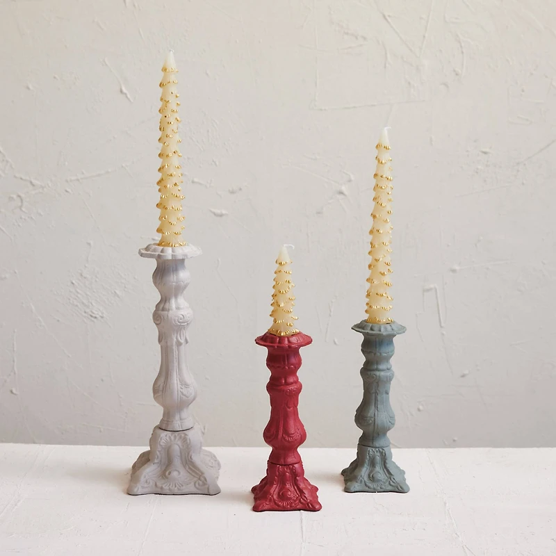 Hello Honey® 8.25" Red Embossed Cast Aluminum Taper Candleholder