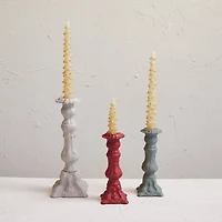 Hello Honey® 8.25" Red Embossed Cast Aluminum Taper Candleholder