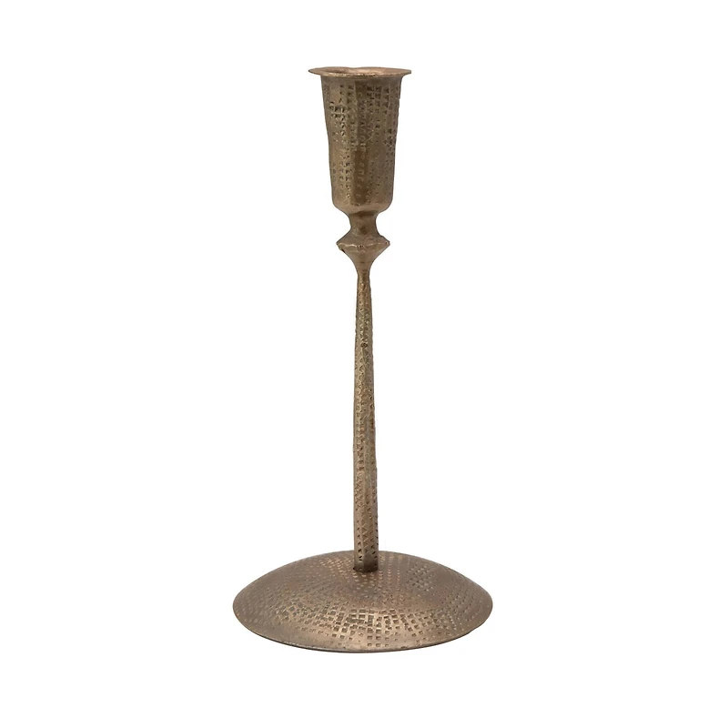 Hello Honey® 9" Antique Brass Hand-Forged Hammered Metal Taper Candle Holder