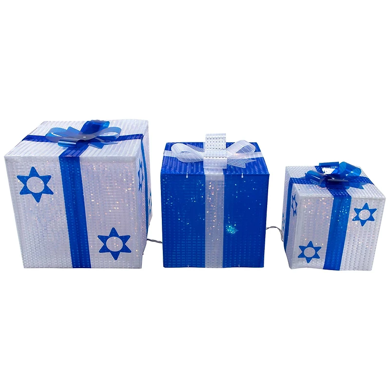 White & Blue Lighted Hanukkah Gift Box Decoration Set