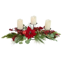 32" Triple Candle Holder With Red Berry & Poinsettia Christmas Décor