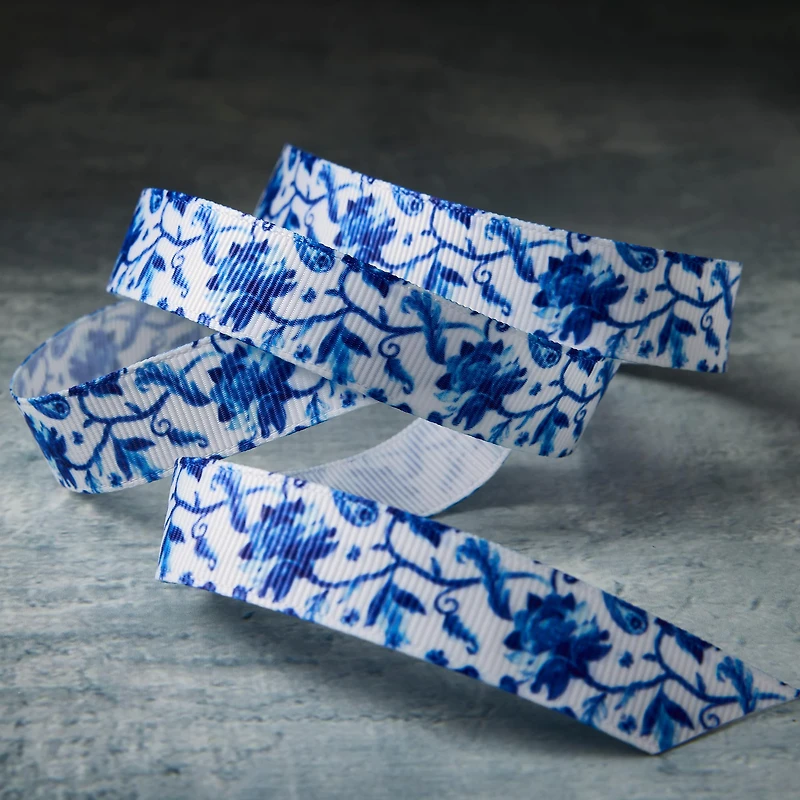 5/8'' x 7yd. Blue Floral Grosgrain Ribbon by Celebrate It® Classic
