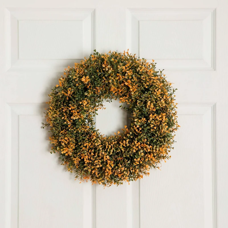 18in. Pre-Lit Autumn Boxwood Artificial Fall Wreath with 25 Warm White LED Lights