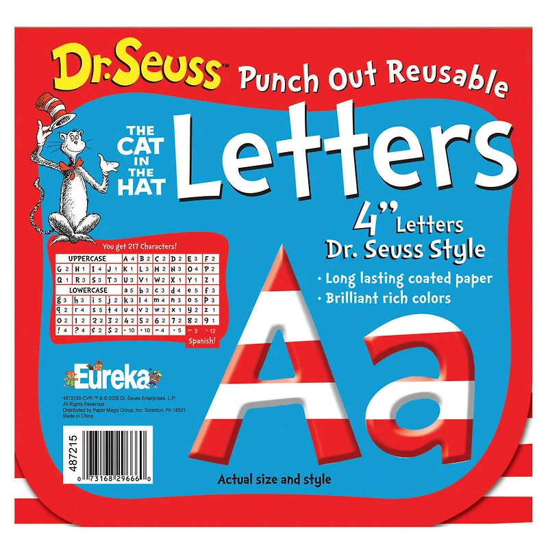 Eureka® Dr. Seuss™ Stripes Reusable Punch Out Deco Letters, 4", 3 Packs of 217 Pieces Per Pack.