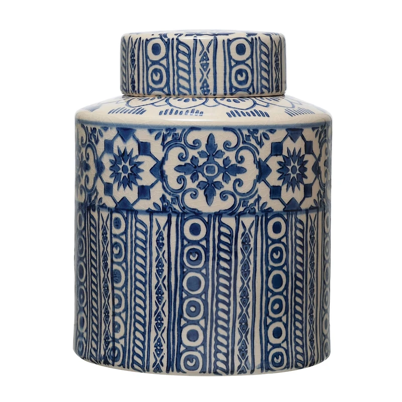 Hello Honey® 10" Blue & Cream Pattern Stoneware Ginger Jar