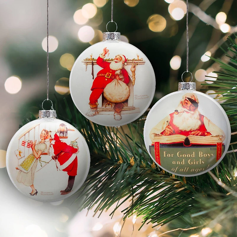 3ct. Norman Rockwell Christmas Glass Disc Ornament