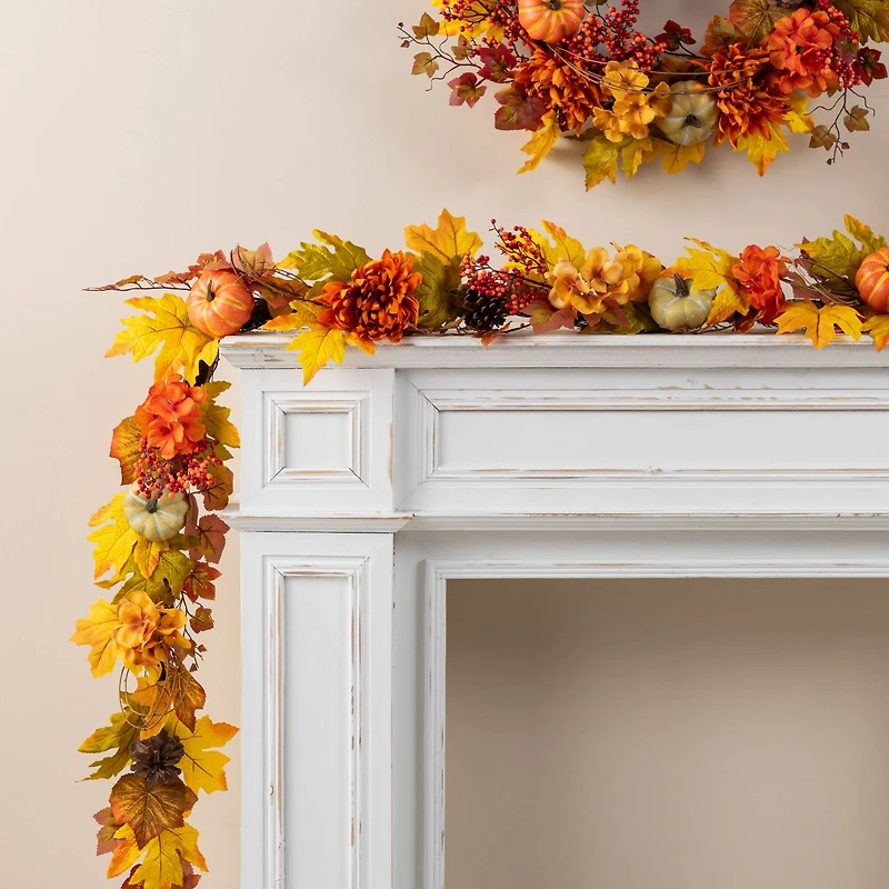 Glitzhome® 72" Fall Dahlia Pumpkin, Leaf and Berry Garland