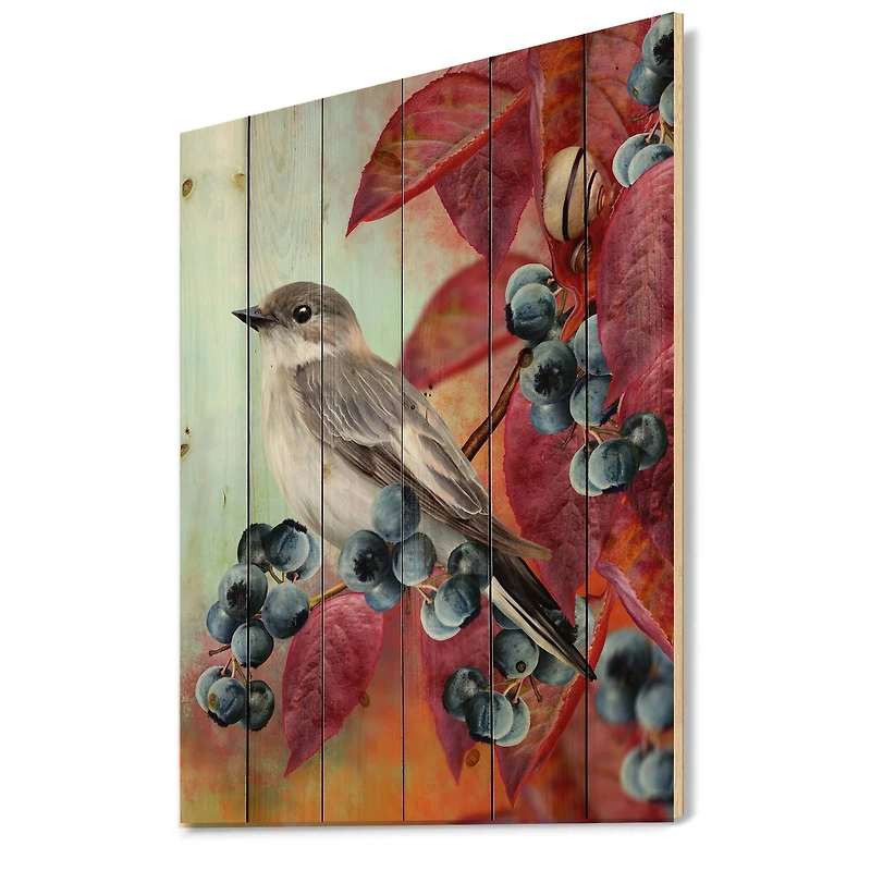 Designart - Little Gray Bird On Red Autumn On Blueberry Twig