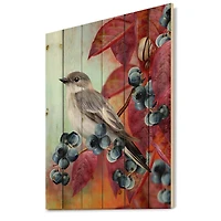 Designart - Little Gray Bird On Red Autumn On Blueberry Twig